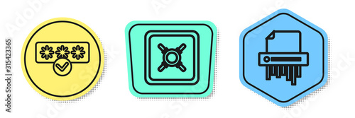 Set line Password protection and safety access, Safe and Paper shredder confidential. Colored shapes. Vector