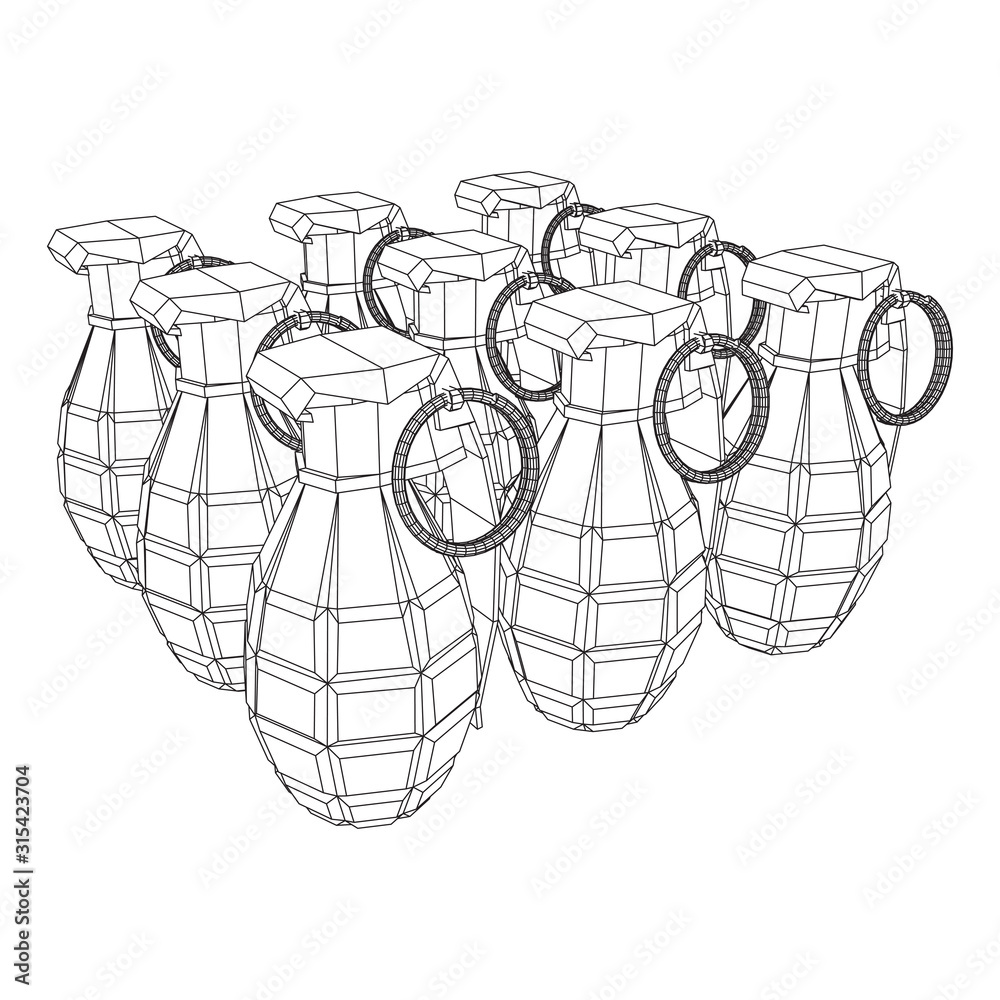 Hand bomb frag grenade wireframe low poly mesh vector illustration Hand bomb frag grenade wireframe low poly mesh vector illustration