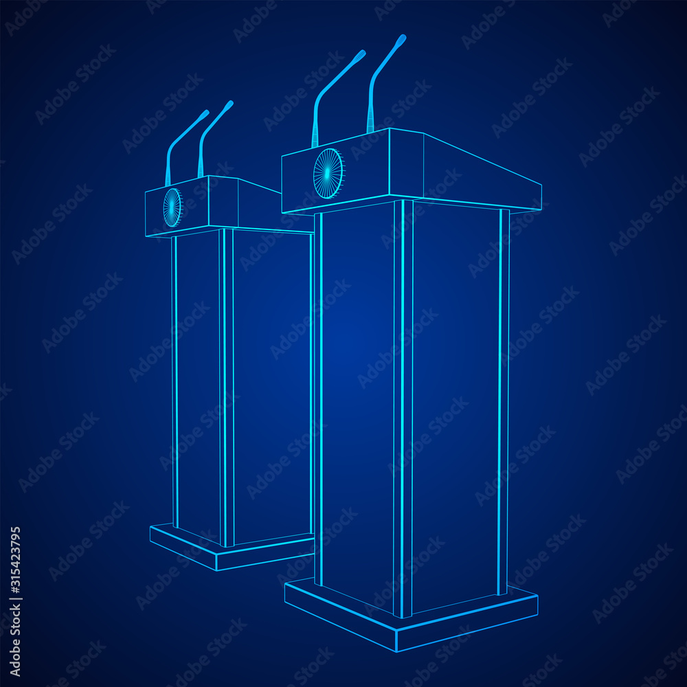Speaker Podium. White Tribune Rostrum Stand with Microphones. Debate, press conference concept. Wireframe low poly mesh vector illustration