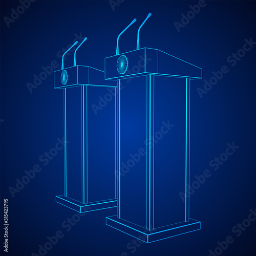 Speaker Podium. White Tribune Rostrum Stand with Microphones. Debate, press conference concept. Wireframe low poly mesh vector illustration © newb1