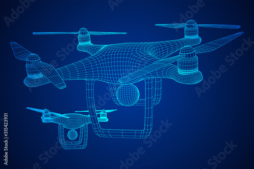 Remote control air drone. Dron flying with action video camera. Wireframe low poly mesh vector illustration