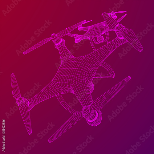 Remote control air drone. Dron flying with action video camera. Wireframe low poly mesh vector illustration