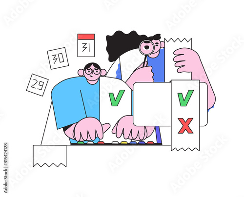 Vector illustration of business team trying to meet deadline. Tired and stressed workers in an office are preparing project in a hurry. Rush and hard work in stressful situation. Messy Working place.