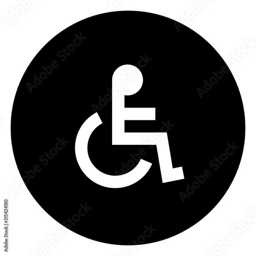 Handicap on chair round icon vector graphics design. Black, white. Great for icon, sign, symbol, sticker, button, label etc.