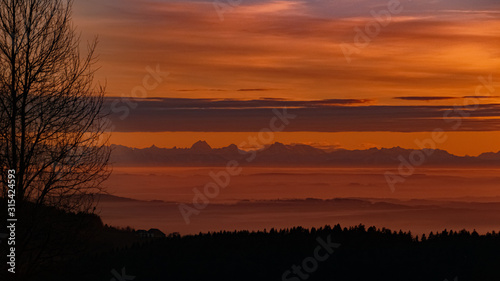 Beautiful sunset with the distant alps in the background near Daxstein, Bavarian forest, Bavaria, Germany