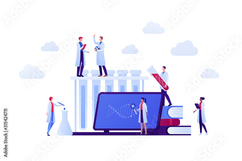 Genetic science and medicine concept. Vector flat medical person illustration. Scientist male and female team study dna sign on laptop screen. Book and tube symbol. Design element for banner, poster.