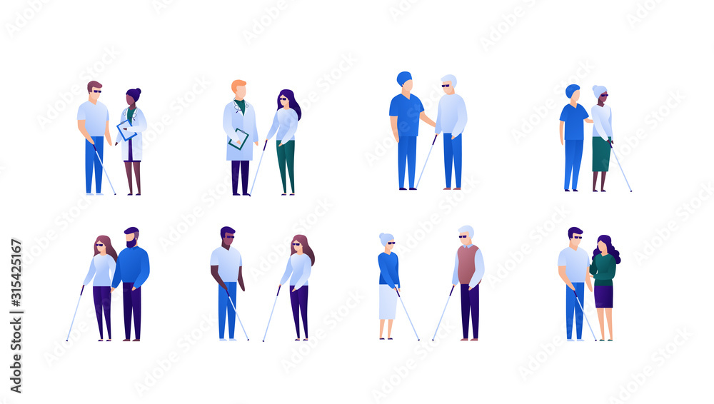 Doctor and patient support for blind people and family concept. Vector flat medical person illustration set. Collection of different nationality and age people.Design element for banner, poster.