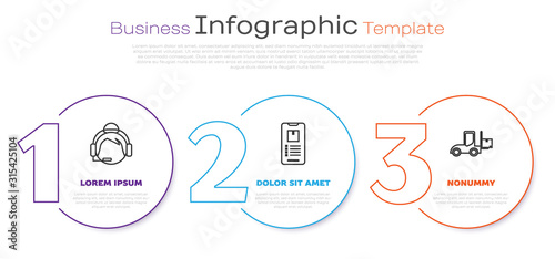 Set line Support operator in touch, Mobile phone with app delivery tracking and Forklift truck . Business infographic template. Vector