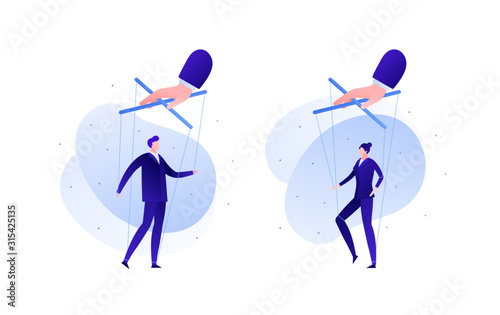 Business manipulation concept. Vector flat business person illustration. Set hand holding male and female people in suit on strings. Design element for banner, background, infographic.