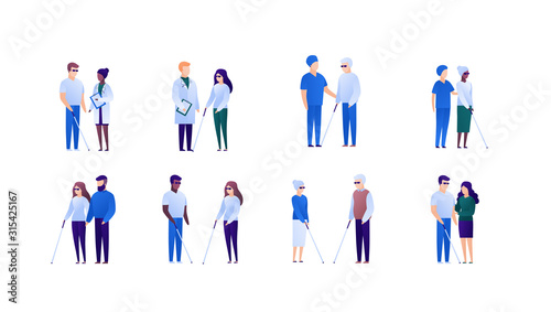 Doctor and patient support for blind people and family concept. Vector flat medical person illustration set. Collection of different nationality and age people.Design element for banner, poster.