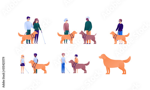 Blind people family with assistance dog concept. Vector flat person illustration set. Collection of people of different nationality and age. Design element for banner, poster. background, infographic. © tasty_cat