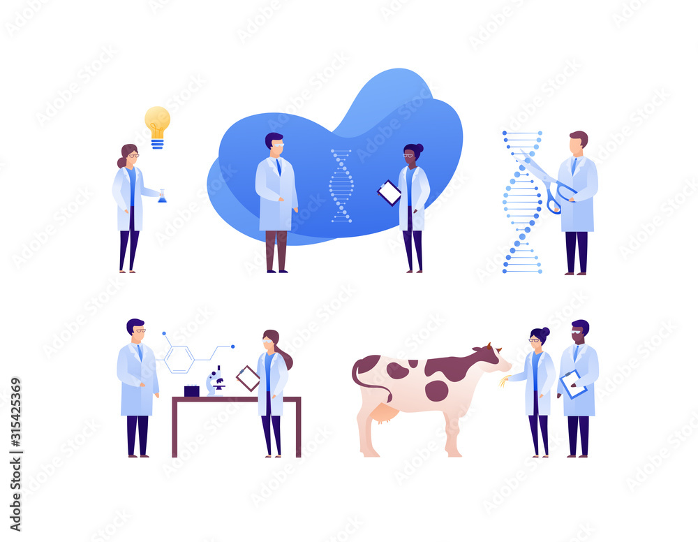 Scientist team concept. Vector flat science person illustration set. Collection of isolated different specialisation people. Brainstorm of genetic dna research. Design element for banner, poster.