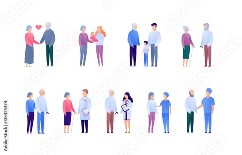 Doctor and patient support for senior people and family concept. Vector flat medical person illustration set. Collection of people character. Grandparents with baby. Design element for banner, poster.
