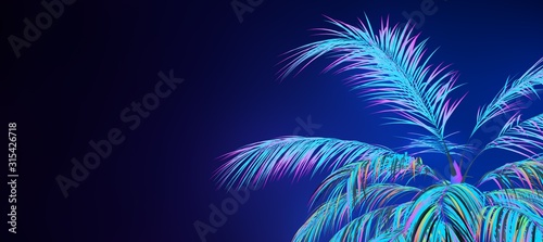 Bright neon palm leaves against deep blue backdrop. Vibrant wallpaper in a retro futuristic style. 3D illustration. Creative graphic design for poster,brochure,flyer and card.
