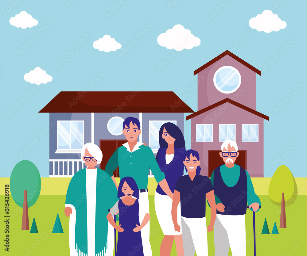 Grandparents parents and kids in front of the house vector design Grandparents parents and kids in front of the house vector design