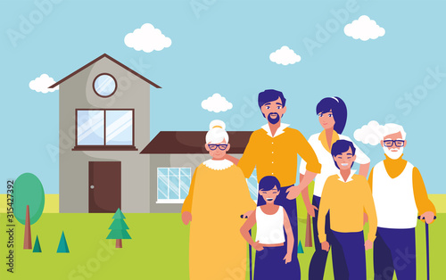 Grandparents parents and kids in front of the house vector design
