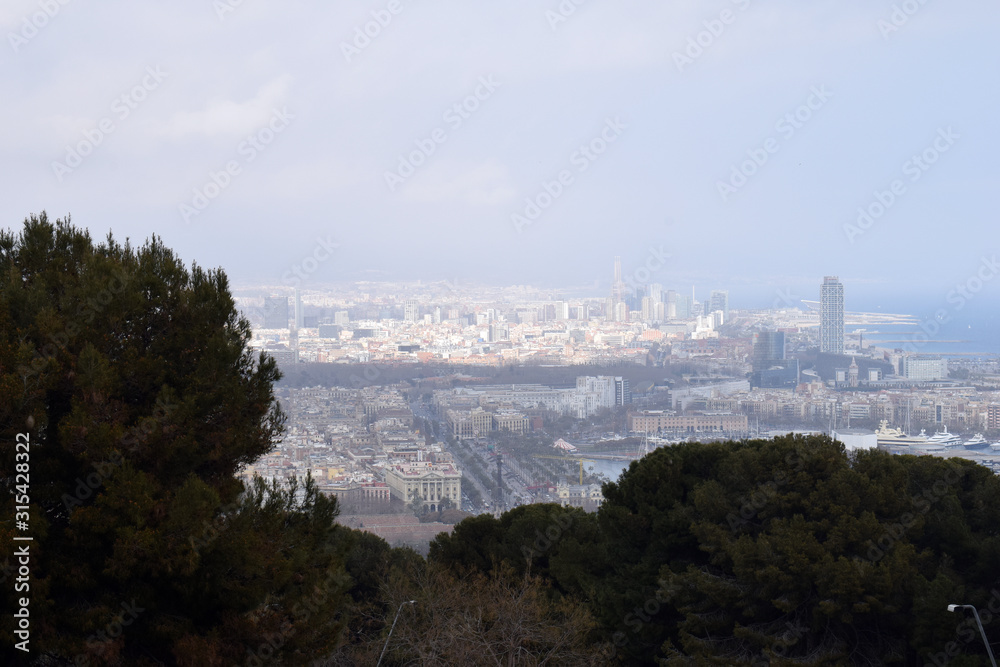Hazy View across Barcelona City with Foreground Trees 