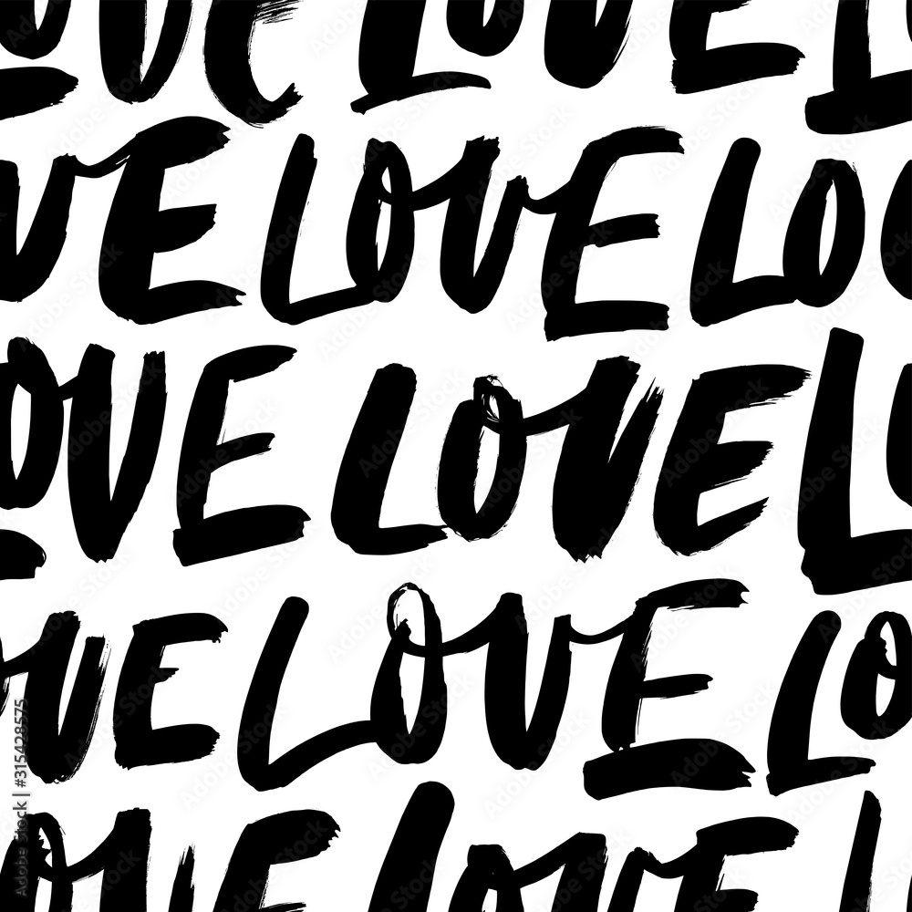 Love word vector seamless pattern. Abstract texture with hand drawn lettering. Black grunge typography on white background.