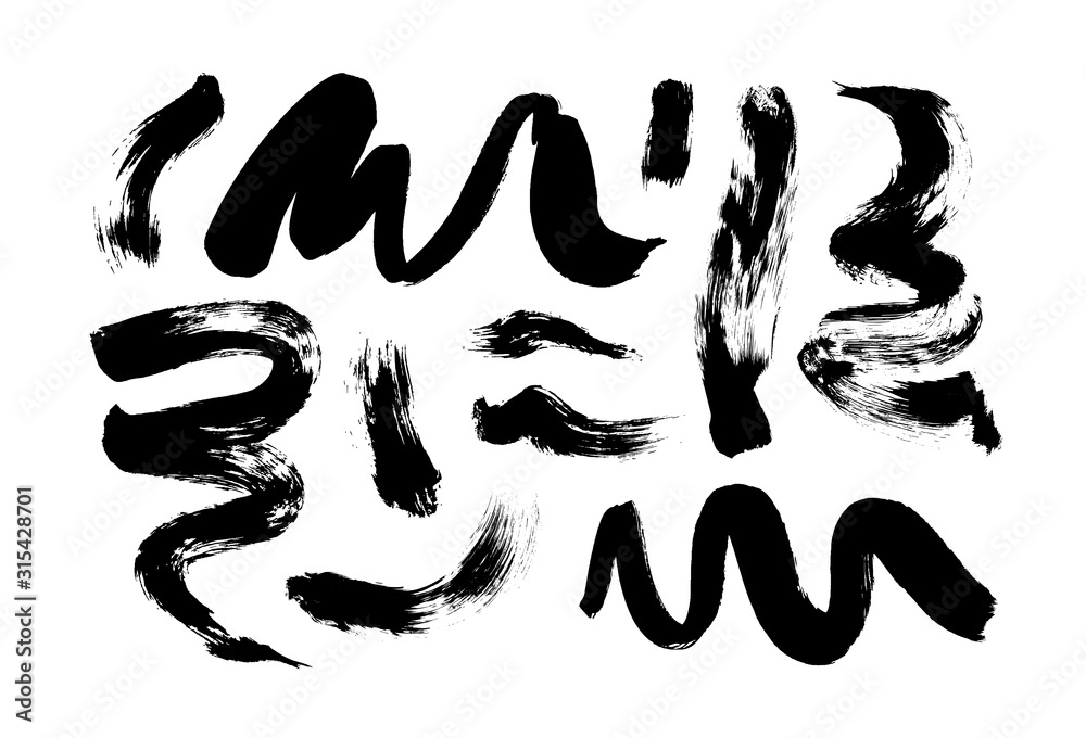 Curly and swirl brush strokes collection isolated on white background. Black paint, ink brush stroke, mascara, vector line or texture. Curly and swirl brush strokes collection isolated on white background. Black paint, ink brush stroke, mascara, vector line or texture.