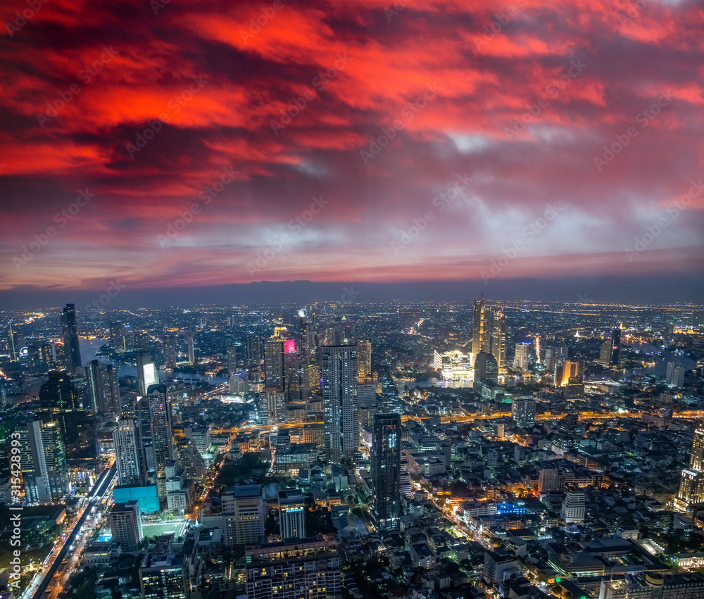 Aerial sunset view of Bangkok modern skyline, Thailand