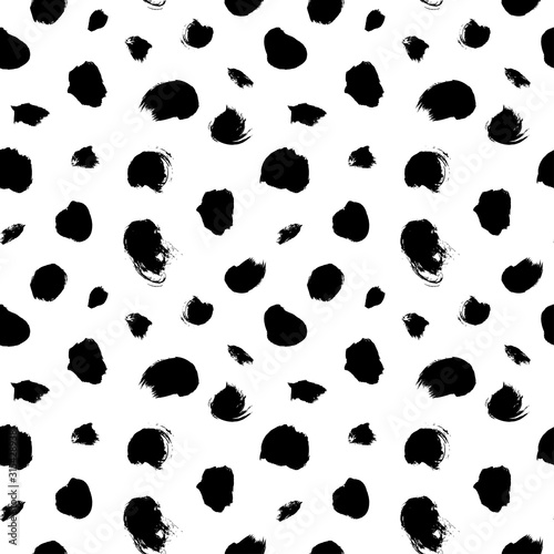 Grunge spots vector seamless pattern. Hand drawn ink dirty circles texture. Black paint dry brush splodges, blotches background.