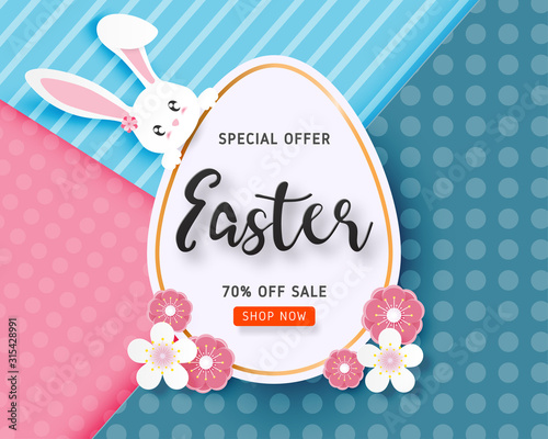 Happy Easter sale banner template with Easter egg and flower on background in paper cut style. Vector illustration. Poster, banner, flyer, backdrop, brochure.