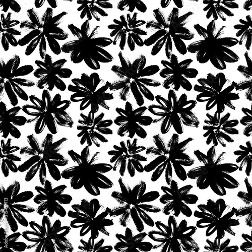 Brush flower vector seamless pattern. Hand drawn botanical ink illustration with floral motif.