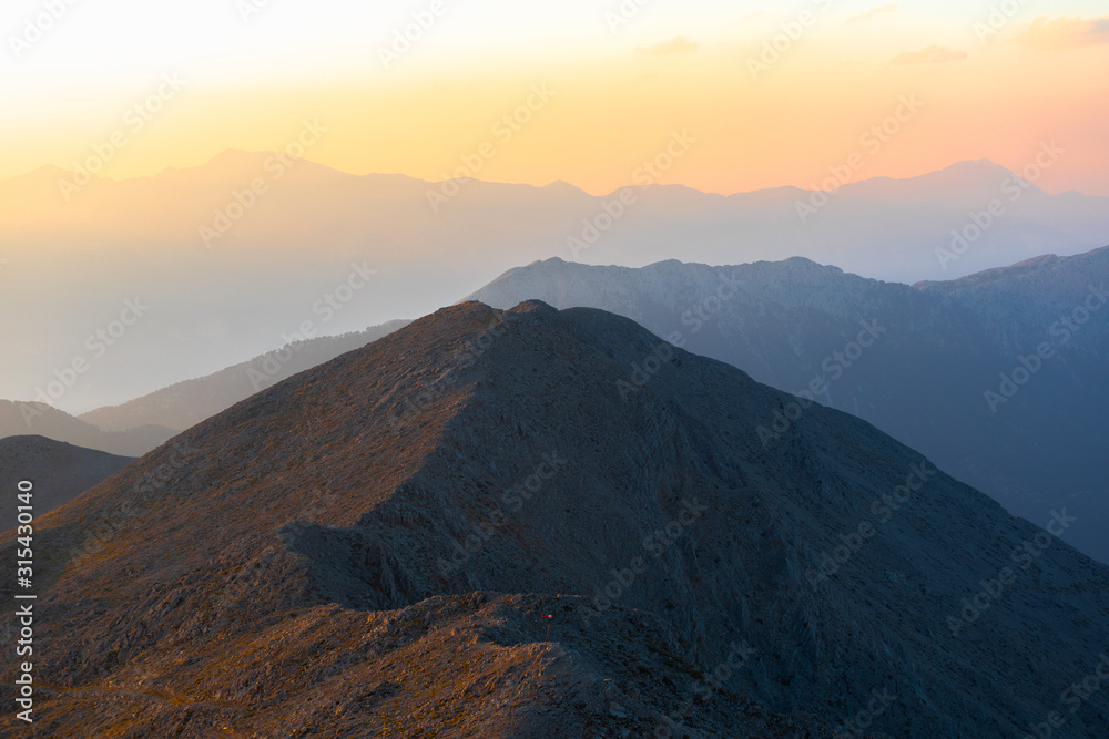 Panorama of the mountains at sunset.