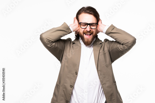 Young businessman in the Hear No Evil pose isolated on white background photo