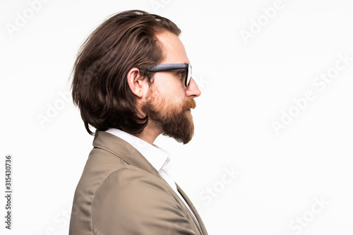 Sibe portrait of happy businessman isolated on white background photo
