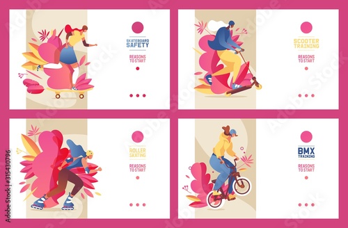 Set of concept sport banners with young girls with active lifestyle. Outdoor vehicles like bmx, scooter, roller skates and skateboard, vivid colors with pink leaves, decoration. Landing page template
