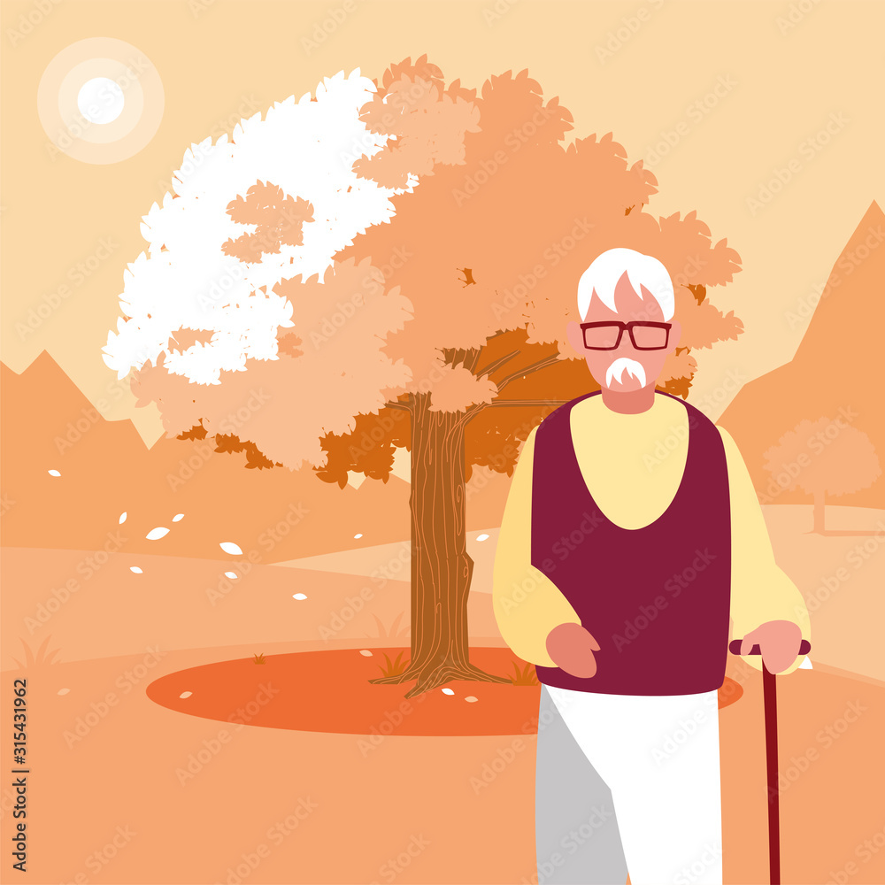 Grandfather avatar old man in front of a tree vector design