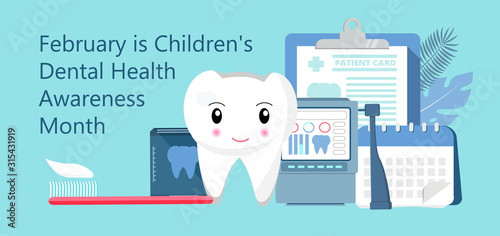 Children's Dental Health Awareness Month in February concept vector. National Dental Hygiene Month, week, day. Tiny dentist cleaning cute tooth to help toothache