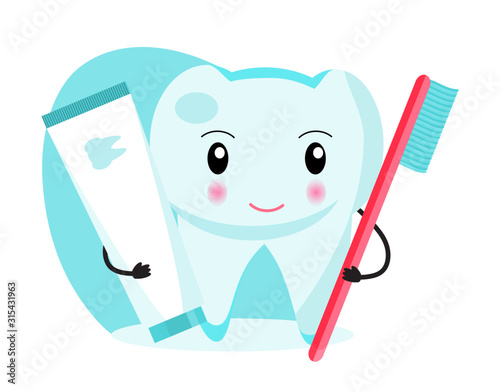 Funny tooth is holding a toothbrush and toothpaste. National Dental Hygienemonth, week, day. Dentistry concept vector