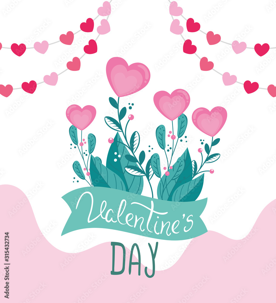 happy valentines day card with leafs decoration vector illustration design
