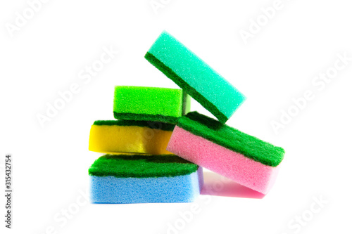 Sponges for washing dishes, on a white background.Colorful multi-colored sponges isolated on a white background.