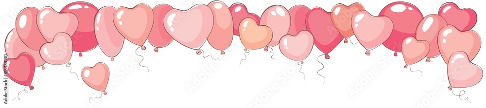 Valentine's day narrow background. Vector banner for holidays with heart shaped balloons - obrazy, fototapety, plakaty 