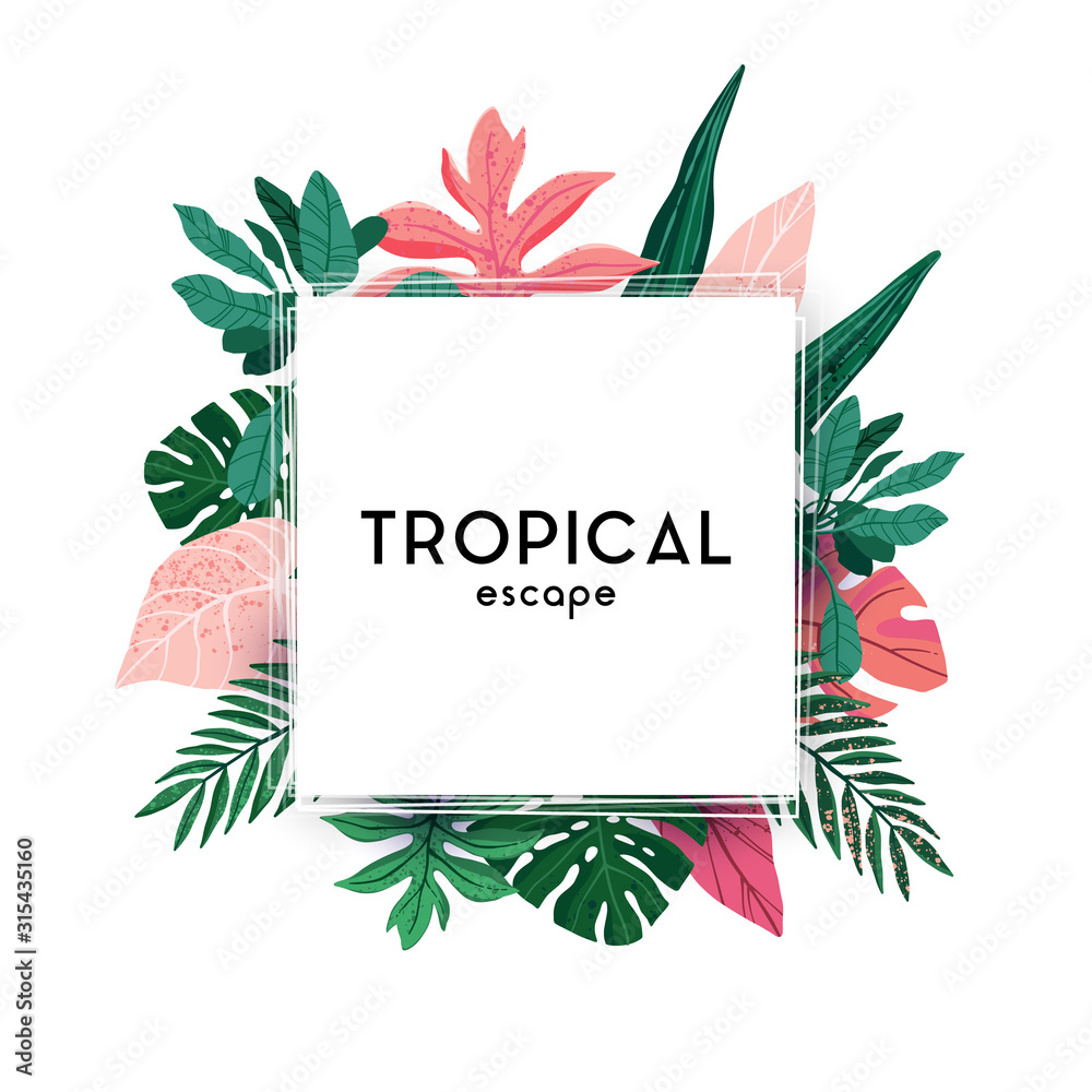 Hand-drawn green summer tropical background with palm leaves and exotic plants. Vector floral background. - obrazy, fototapety, plakaty 