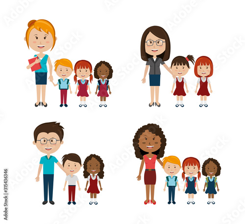 group of little students with teachers vector illustration design
