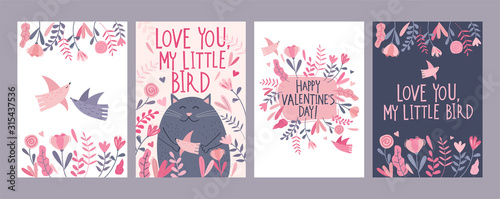 Set of Valentine's Day card with cute cartoon cat, flowers, birds and  freest...