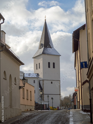 street with a church, European urban architecture