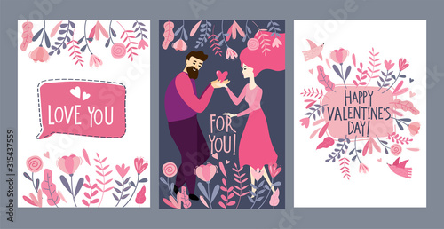 Set of Valentine's Day greeting cards with couple in love, beautiful flowers ...
