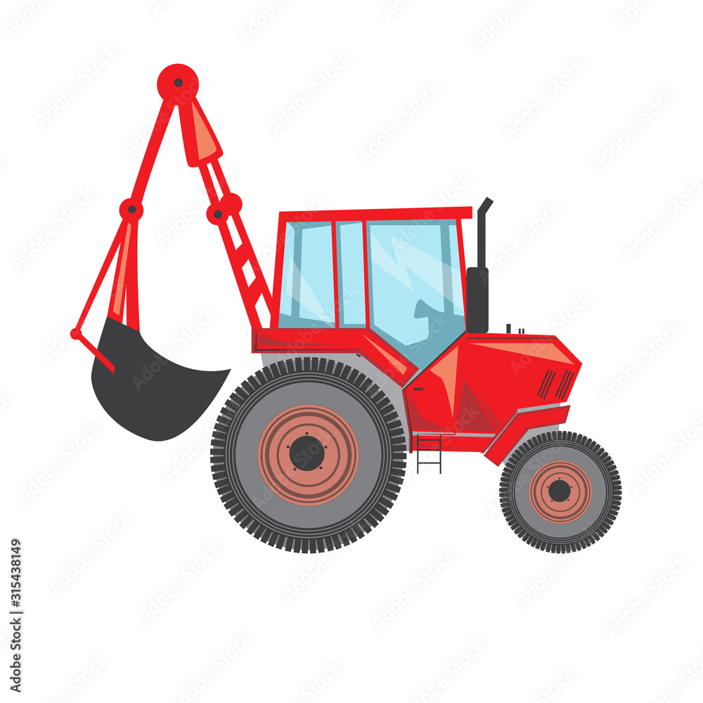 Fototapeta premium A tractor isolated on white background for design, a vector stock illustration of a flat side view of a construction machine or tractor in work