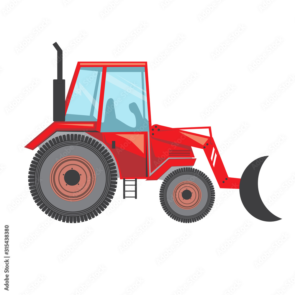 A excavator isolated on white background for design, a vector stock illustration of a flat side view of a tractor with a bucket