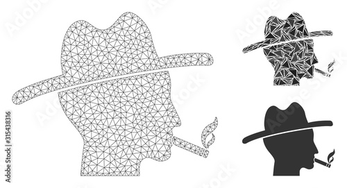 Mesh smoking redneck model with triangle mosaic icon. Wire frame polygonal network of smoking redneck. Vector collage of triangle parts in different sizes, and color tones.