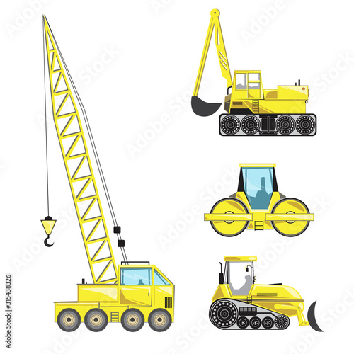 A Crane, caterpillar excavator and paver machine isolated on white background for design, a vector stock illustration with a set of construction vehicles