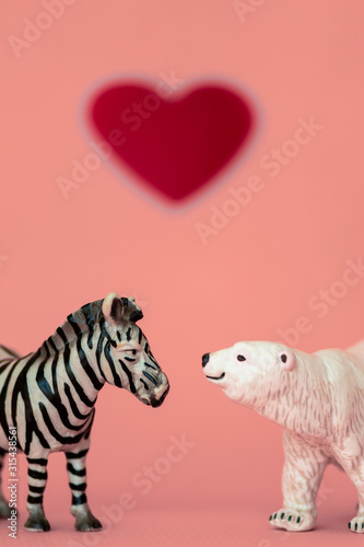 Love between the different and opposed  a bear  carnivorous from a cold habitat and a zebra  herbivorous from a hot habitat. Tolerance and respect to the people that think on a different way as we do.