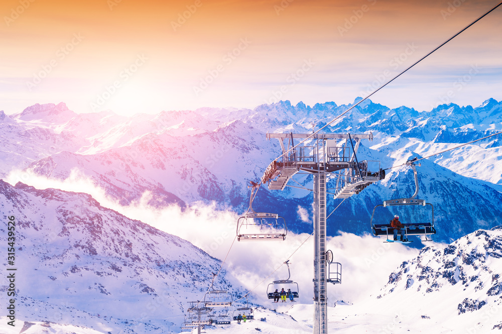 Ski resort in winter Alps. Val Thorens, 3 Valleys, France. Beautiful mountains and the blue sky, winter landscape