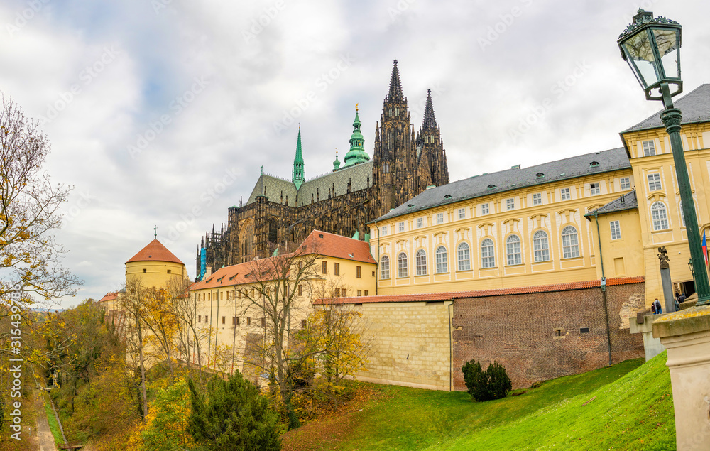 Prague, Czech Republic - 6.11.2019: Saint Vitus Cathedral facade and Prague Castle in Prague, Czech Republic