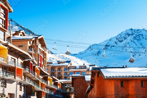 Val Thorens village, 3 Valleys ski resort, France. Beautiful mountains and the blue sky, winter landscape photo